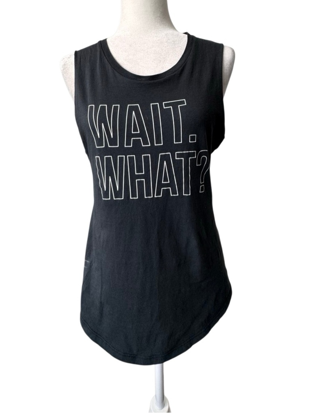CHRLDR Black Tank with White Outlined 'WAIT. WHAT?' Graphic SZ S